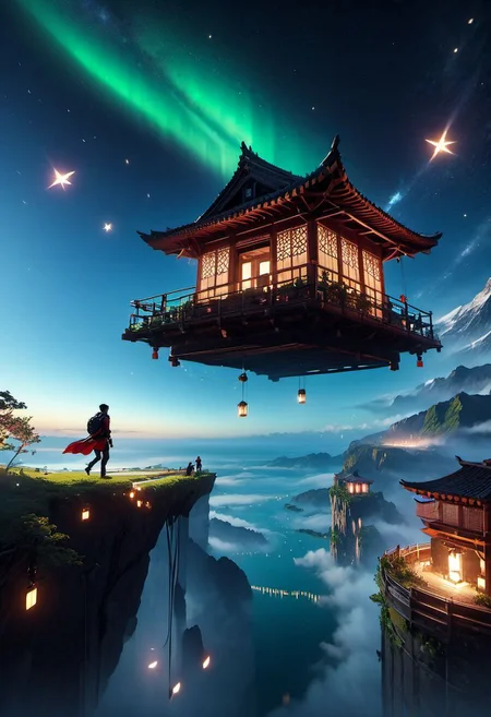 WLOP art style, unreal engine 5 style, outdoors, The island floating in the air, sky gate, human, bulding night, meteor star aurora , (low light), top-down view, firefly -ar 9:16, high saturation, high contract
