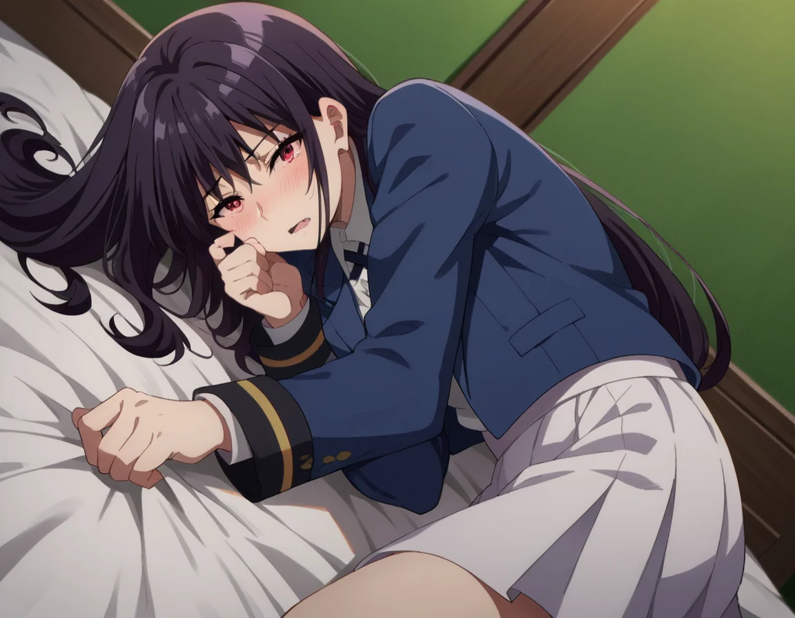 score_9, score_8_up, score_7_up, source_anime,
clairekagenou, <lora:claire-kagenou-ponyxl-lora-nochekaiser:1>,
claire kagenou, long hair, black hair, red eyes,
shirt, jacket, blazer, skirt, white skirt,
indoors, bed, bed room, on side, blush, drunk,
looking at viewer, dutch angle,