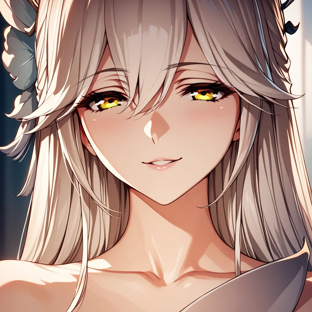 vysis, white hair, long hair, hair ornament, yellow eyes, close up, portrait, seductive smile, <lora:Vysis:1>, (masterpiece),(best quality),(ultra-detailed),(best illustration),(best shadow),(absurdres),(detailed background),(very aesthetic),
