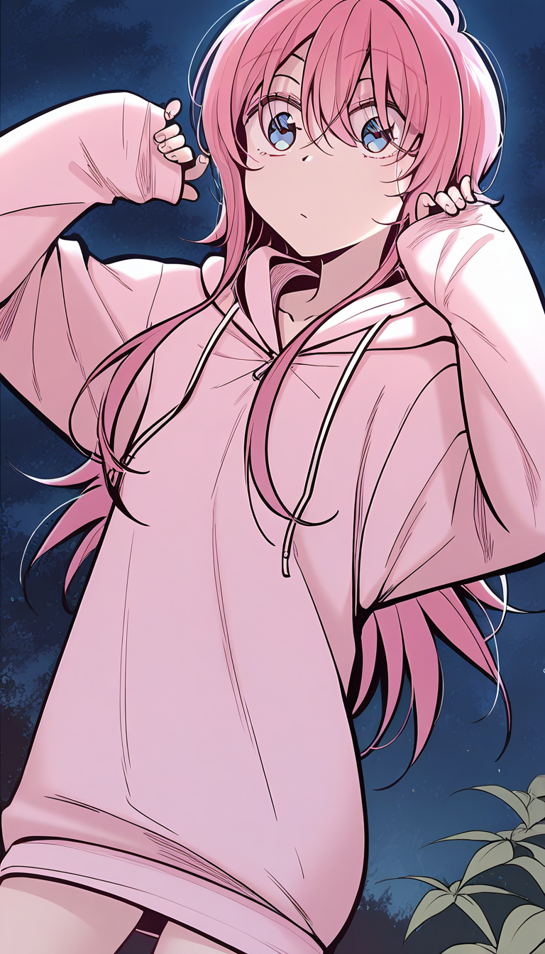 <lora:yushanshan:1>,yushanshan,1girl,long hair,pink hair,hair between eyes,blue eyes,pink hoodie, sleeves past wrists, long sleeves,, masterpiece,best quality,amazing quality,anime screenshot,