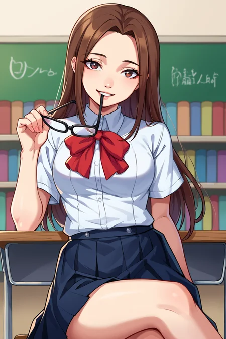 score_9, score_8_up, score_7_up, source_anime BREAK 1girl, solo, 
 <lora:biting:0.7>, hud_b1te_gl4sses, eyewear removed, holding eyewear, parted lips, biting glasses, 
 <lora:zs_ChihiroXL:1>, chihirop3, brown hair, long hair, school uniform, ribbon, skirt, sitting, crossed legs,  seductive, smile, looking at viewer, white shirt,  library,  sitting on a desk, legs crossed,  dutch angle,  cowboy shot,