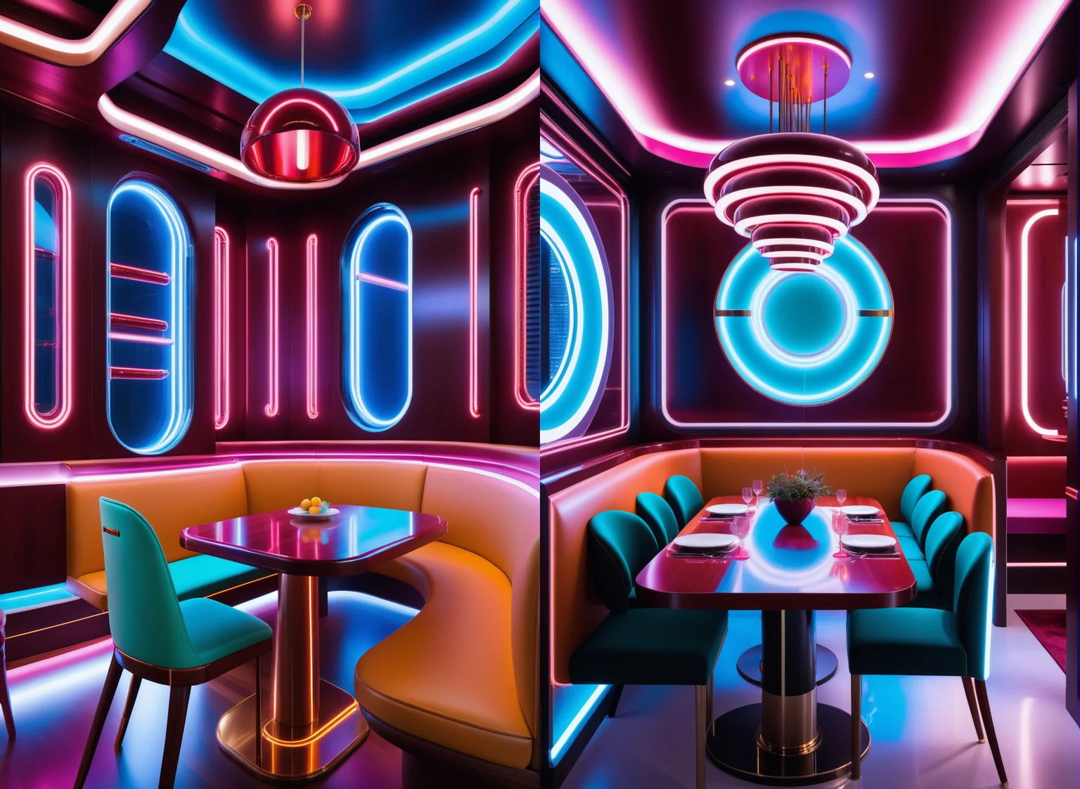 masterpiece, high quality,, a reij dining room, cherry wood details, neon color and ambient neon light <lora:reij-neonelegance:0.75>