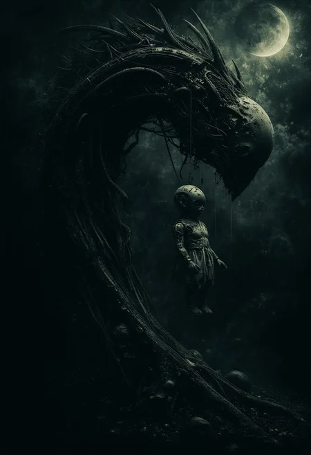 masterpiece, best quality, absurdres), an eerie night scene under a dark crescent moon. A weathered, ancient tree with gnarled branches looms in the foreground, its roots twisting into the shadowy earth. From one of its twisted limbs hangs a decrepit doll, its fabric tattered and face faded, swaying eerily in the cold breeze. The doll's glassy, cracked eyes catch the faint, pale moonlight, creating an unsettling sense of lifeless observation. The background is cloaked in a dense, oppressive fog, with faint silhouettes of additional twisted trees barely visible in the gloom. Shadows and muted tones dominate the scene, with splashes of faint silvery light casting an otherworldly glow. The composition emphasizes foreboding and unease, drawing the viewer into the haunting stillness of the night.