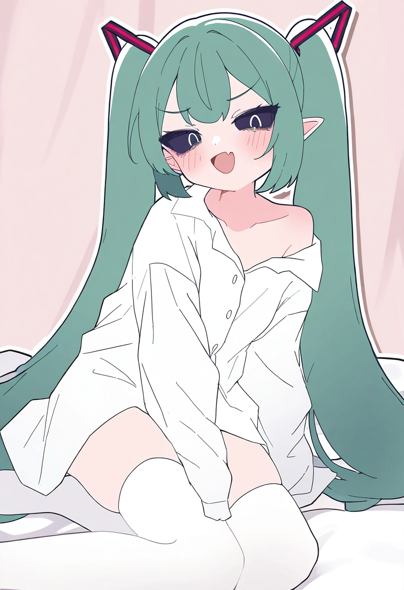 1girl,solo,long hair,hatsune miku,twintails,thighhighs,very long hair,shirt,white shirt,black eyes,fang,white thighhighs,long sleeves,green hair,off shoulder,black sclera,skin fang,aqua hair,colored sclera,
masterpiece,year 2023,newest,highres,absurdres,
<lora:mikukauwa_NoobVpred75S:1>,