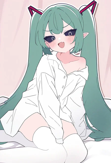 1girl,solo,long hair,hatsune miku,twintails,thighhighs,very long hair,shirt,white shirt,black eyes,fang,white thighhighs,long sleeves,green hair,off shoulder,black sclera,skin fang,aqua hair,colored sclera,
masterpiece,year 2023,newest,highres,absurdres,
<lora:mikukauwa_NoobVpred75S:1>,