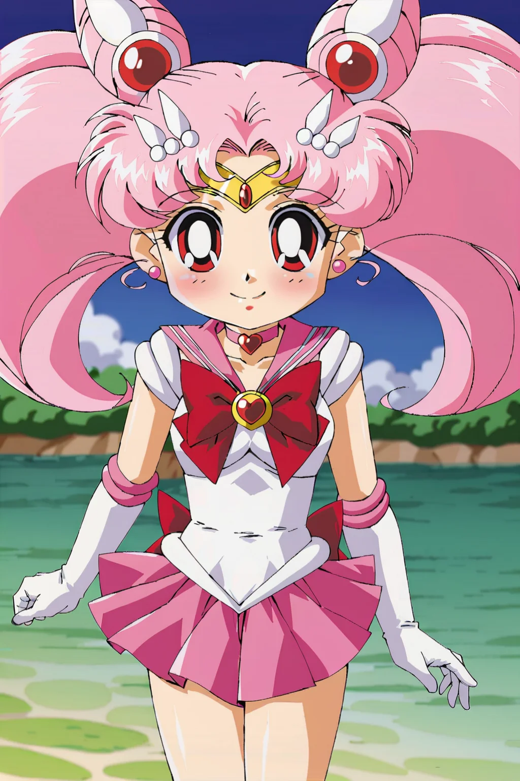 <lora:chibi usa:1>,sailor chibi moon,sailor senshi uniform,chibi usa,pink hair,boots,pink footwear,pink sailor collar,magical girl,cone hair bun,skirt,jewelry,underwear,hair bun,heart brooch,knee boots,gloves,sailor collar,red eyes,bow,elbow gloves,brooch,twintails,choker,white gloves,earrings,double bun,tiara,pink choker,hair ornament,blush,long hair,smile,;d,white panties,red ribon,nature,grove,cowboy_shot,, core_9,