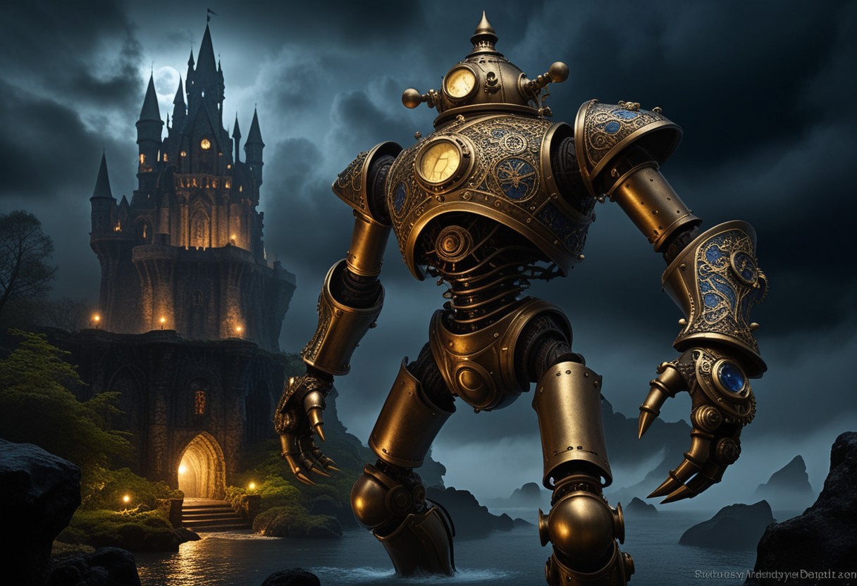 giant bipedal robot brass and dark blue, bronze paisley robot. lacy robot metal. diving helmet head. outside of a steampunk keep. large detailed torso. dark image. one forty foot tall ancient robot with great arms and two heavy spring legs. dark foggy night background. $dark foggy night image only. dark photo realistic image. steampunk details. cogs, chains and pipes incorporated in the fantasy buildings. magic wizards tower in background. Dark swamp, moss, castle ruins, wizards tower. stormy dark night.  stormy sky.