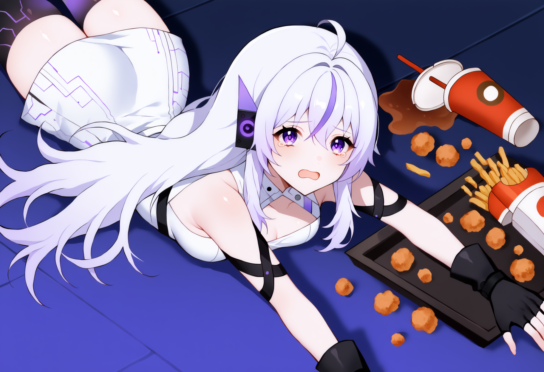 masterpiece, best quality, high quality, apuspills,
1girl, solo, <lora:MeinaRedesign_illusXLNoobAI_Incrs_v1:1>, hair between eyes, purple eyes, long hair, purple hair, white hair, streaked hair, ahoge, head gear, collarbone, bare shoulders, white dress, sleeveless dress, short dress, armband, fingerless gloves, black gloves, circuit pattern, sci-fi clothes, gradient legwear, black thighhighs, 
on stomach, open mouth, lying, on floor, fallen down, tearing up, looking at viewer, looking up, tray, french fries, chicken nuggets, disposable cup, spill,<lora:apu_spills_his_tendies_meme-10-NOOB-EPS:0.9>