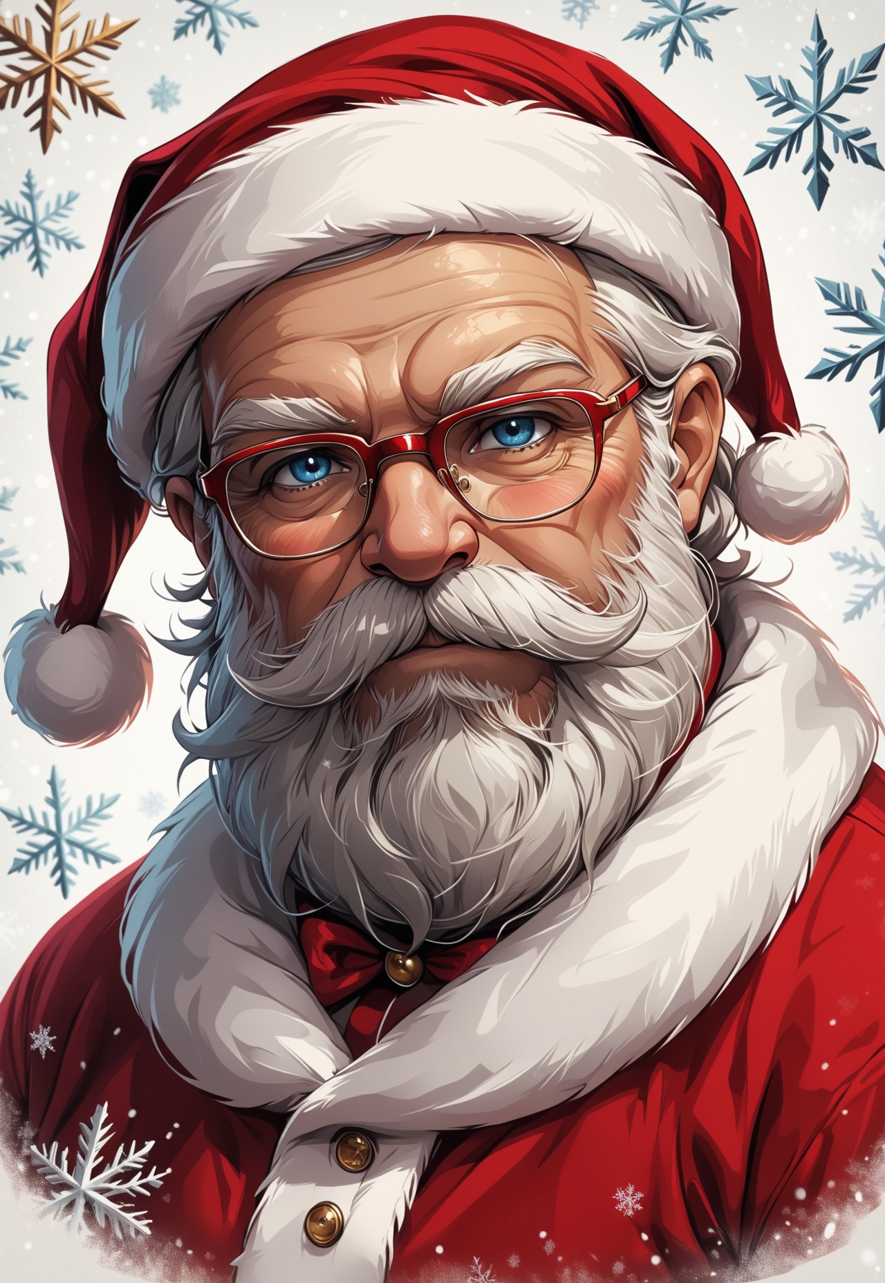 masterpiece, absurdres, best quality, Christmas Aesthetic, facial hair, solo, hat, beard, 1boy, santa hat, male focus, old, old man, glasses, mustache, christmas, white hair, santa costume, snowflakes, looking at viewer, wrinkled skin