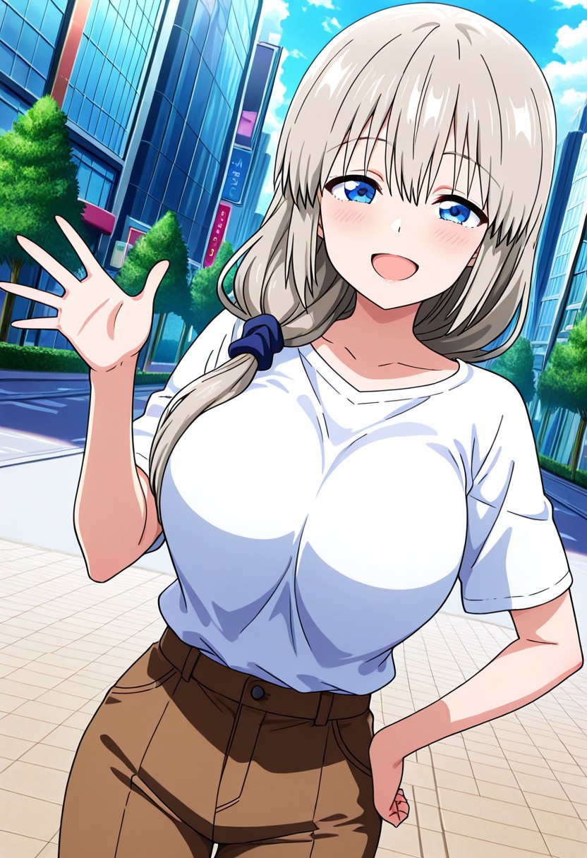 general,highres, ultra-detailed,very aesthetic,best quality ,best hands,best eyes,easynegative,
dynamic anglre, dutch angle, anime cloring,anime screencap,
1girl solo,looking at viewer,smile,open mouth,hand on hip,city,outdoors,waving hand,
Tsuki uzaki,white hair,long hair,hair ornament,,huge breatsts,shirt,pants,
