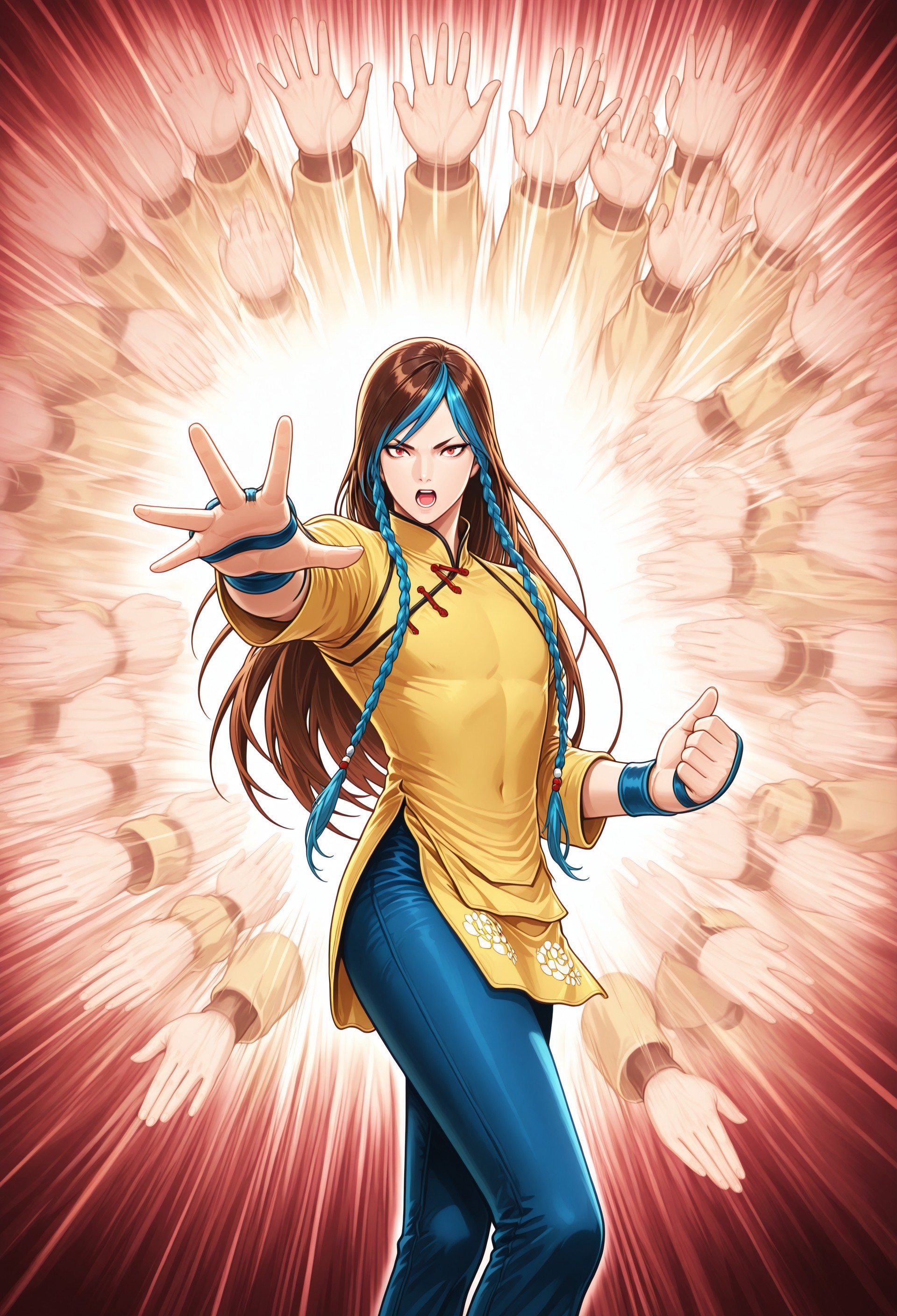 masterpiece, best quality, amazing quality, very aesthetic, absurdres, perfect composition, intricate details, vibrant colors, male focus, shionxi, 1boy,  androgynous, red eyes, long hair, brown hair, two tone hair, blue hair, twin braids, yellow tunic, blue pants, black flats, chinese clothes, standing, open hand, palm strike, hand after image, dynamic action, ki aura, fighting pose, action shot, best hands, best face, detailed background, animated, cowboy shot,