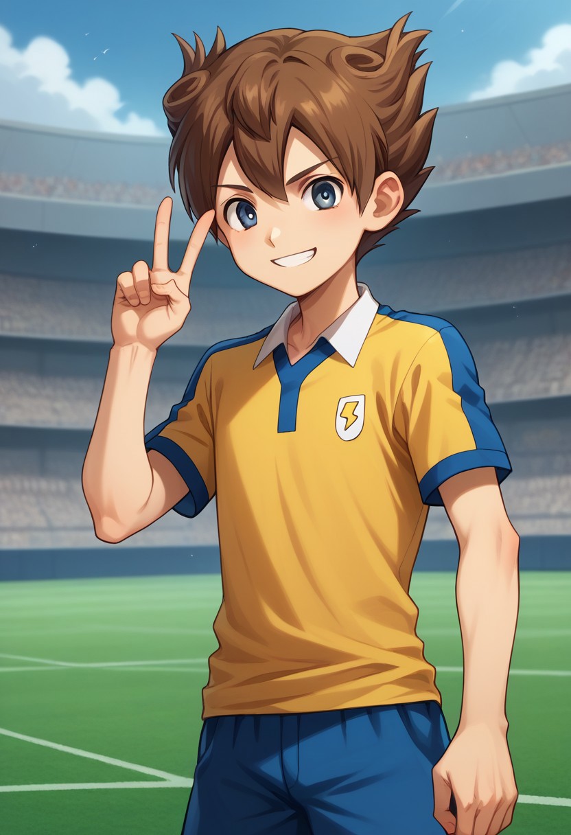 score_9, score_8_up, score_7_up, source_anime, highly detailed, 
tenma, 1boy, male focus, solo, brown hair, grey eyes, sportwear, soccer uniform, raimon soccer uniform, raimon, shirt, yellow shirt, short sleeves, shorts, blue shorts, smile, hold, soccer ball. v sign, grin, looking at viewer,
outdoor,