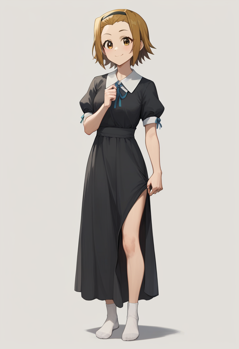 score_9,score_8_up,score_7_up,<lora:tainaka_ritsu_pony:1>,1girl, closed_mouth, black_dress, english_commentary, highres, tainaka_ritsu, don't_say_"lazy", looking_at_viewer, solo, no_shoes, smile, absurdres, black_hairband, full_body