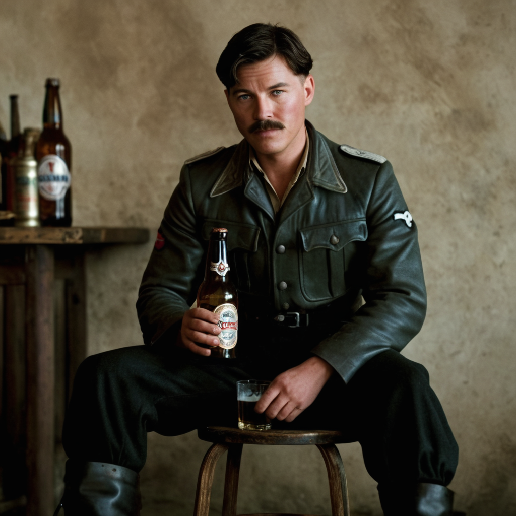 cinematic film still of <lora:detailed:0.2> 
<lora:perfection style:0.2>
<lora:Ron Fricke style:0.1>
 <lora:Inglourious Basterds film style:0.9>
Lt. Aldo Raine a man sitting on a stool with a bottle of beer,solo,looking at viewer,shirt,black hair,long sleeves,1boy,holding,sitting,jacket,male focus,boots,pants,facial hair,black pants , 1940's, Inglourious Basterds film style, Battledress, shallow depth of field, vignette, highly detailed, high budget, bokeh, cinemascope, moody, epic, gorgeous, film grain, grainy