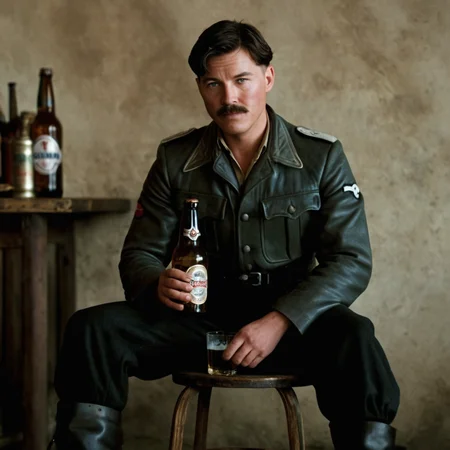 cinematic film still of <lora:detailed:0.2>
<lora:perfection style:0.2>
<lora:Ron Fricke style:0.1>
<lora:Inglourious Basterds film style:0.9>
Lt. Aldo Raine a man sitting on a stool with a bottle of beer,solo,looking at viewer,shirt,black hair,long sleeves,1boy,holding,sitting,jacket,male focus,boots,pants,facial hair,black pants , 1940's, Inglourious Basterds film style, Battledress, shallow depth of field, vignette, highly detailed, high budget, bokeh, cinemascope, moody, epic, gorgeous, film grain, grainy