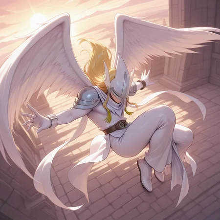 masterpiece, best quality, amazing quality, <lora:lordholyangemon-v2-09:0.75> d-lhangemon, digimon (creature), 1other, outdoors, white_winged_helmet, tunic, robe, wings, brown belt, shoulder_pads, white_gloves over clothes, dynamic pose, dynamic angle, right bracelet, (single_white_bracelet, double hand belt, left hand belt), fetal position, from above, bodysuit, full body, long blonde hair, portrait