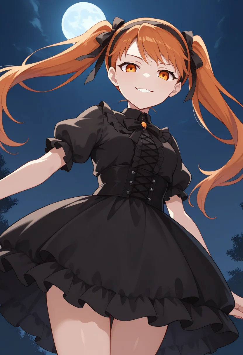 1girl, solo, linalyuri, orange hair, long hair, twintails, hair ribbon, hairband, orange eyes, black shirt, short sleeves, puffy sleeves, black skirt, frills, gothic outfit, night, moon, evil smile, from below, looking at viewer, cowboy shot