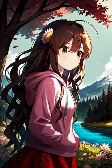 score_9, score_8_up, score_7_up, score_6_up, rating_safe, source_anime, best quality, masterpiece, detailed eyes, detailed background, forest, river, trees, grass, <lora:kanbe-kotori-xl-05:1.2>, kanbe kotori, pink hoodie, plaid red skirt, ahoge, flower hairpins, green eyes, hands in hoodie pockets, depressed, (looking away), long hair, wavy hair, cowboy shot