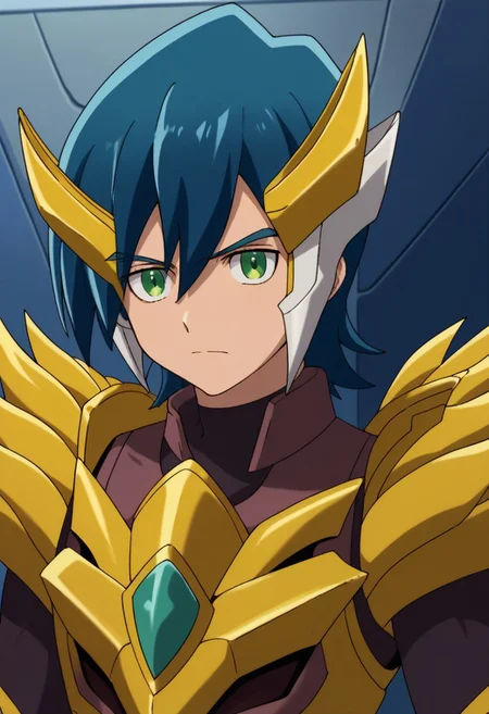 score_9, score_8_up, score_7_up, source_anime, highly detailed,
hayato,
solo, 1boy, male focus, upper body, green eyes, blue hair, standing, gaist yellow armor,