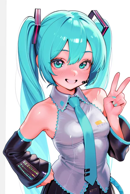 n4nja, masterpiece, amazing quality, best quality, detailed eyes, detailed skin, aesthetic,
upperbody, 1girl, Hatsune Miku, Vocaloid, twintails, long blue hair, aqua eyes, small breasts, slight blush,
dress shirt, exposed shoulders, detached sleeves, skirt, looking at viewer, smile, one hand on hip, single v, abstract simple color background, 