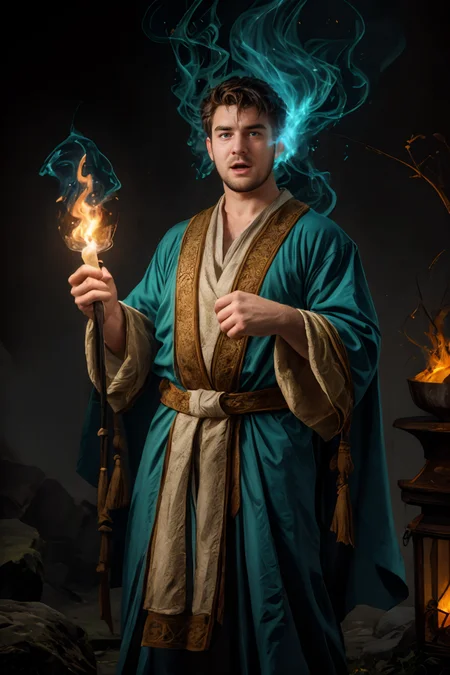 (20-year-old) VaclavNikdo as a wizard, wearing blue robes, holding a lantern with (green fire:1.3), open mouth <lora:!rs-VaclavNikdoLora-03:1><lora:weight_slider_v2:1>