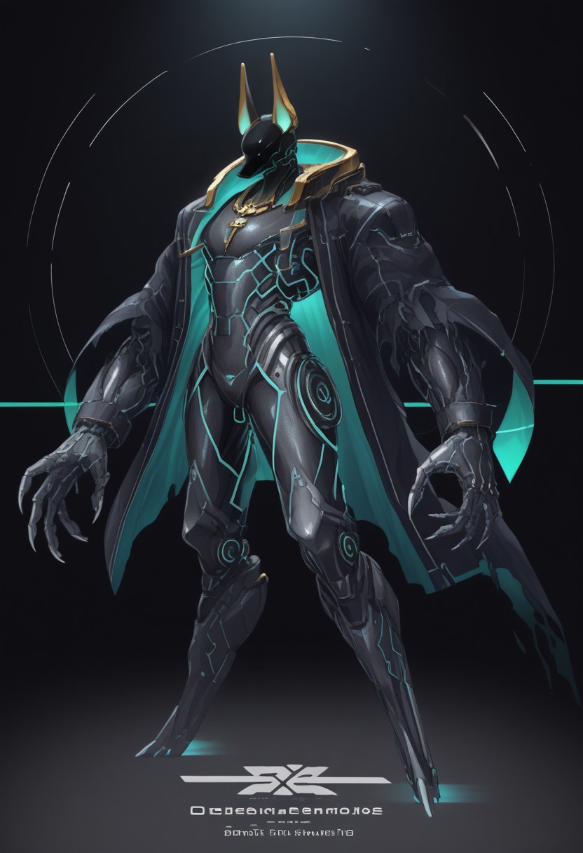 werewolf(((jackal Anubis robot)))(stunning, magnificent, HD, photorealistic, dramatic lighting, intricate details, armor beautiful patterns, realistic , mythical, legendary, powerful, cinematic,, masterpiece, perfect anatomy, perfect composition, perfect hand, (beautiful detailed eyes:1.2), (soft colors)) , glowing blue core on armor, armor highly detailed patterns on armor), torn cloak , full body fits into the image, full body visible, ), claws, gauntlet, igital illustration of a futuristic, armored humanoid figure. The subject is dressed in a highly detailed, dark, and bulky exosuit with intricate mechanical components and white accents. The suit features various textures and layers, including a cloak-like garment with angular, geometric shapes. The figure's head is adorned with a helmet that has two antenna-like protrusions and a visor, giving it a robotic appearance. The suit has several logos and text in white, including a prominent circular emblem on the chest and arm. The overall design is sleek and modern, with a strong emphasis on technology and advanced, ,(((huge arms with cylinders mechanical components)))