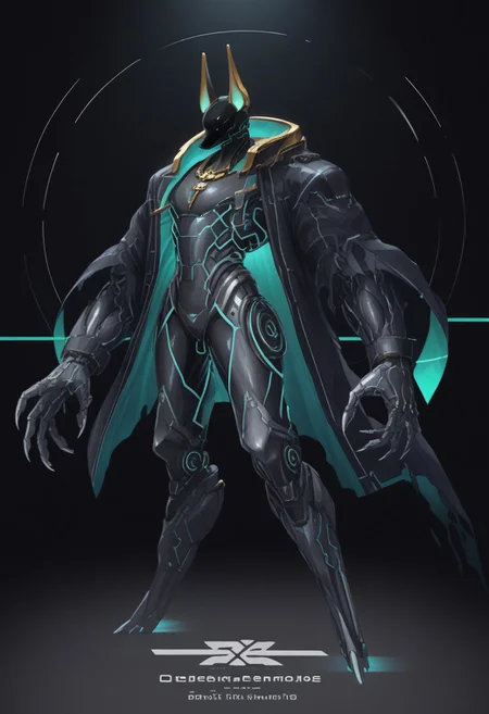 werewolf(((jackal Anubis robot)))(stunning, magnificent, HD, photorealistic, dramatic lighting, intricate details, armor beautiful patterns, realistic , mythical, legendary, powerful, cinematic,, masterpiece, perfect anatomy, perfect composition, perfect hand, (beautiful detailed eyes:1.2), (soft colors)) , glowing blue core on armor, armor highly detailed patterns on armor), torn cloak , full body fits into the image, full body visible, ), claws, gauntlet, igital illustration of a futuristic, armored humanoid figure. The subject is dressed in a highly detailed, dark, and bulky exosuit with intricate mechanical components and white accents. The suit features various textures and layers, including a cloak-like garment with angular, geometric shapes. The figure's head is adorned with a helmet that has two antenna-like protrusions and a visor, giving it a robotic appearance. The suit has several logos and text in white, including a prominent circular emblem on the chest and arm. The overall design is sleek and modern, with a strong emphasis on technology and advanced, ,(((huge arms with cylinders mechanical components)))