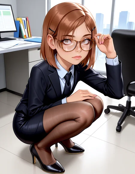 masterpiece, best quality, very aesthetic, absurdres,
indoors, office, 
full body, long eyelashes,
<lora:Megan_v01_NAIXL-000012:1>,
M364n,1girl,brown hair,short hair,hairclip,glasses,brown eyes,freckles,office lady,necktie,suit,pencil skirt,brown pantyhose,high heels,
