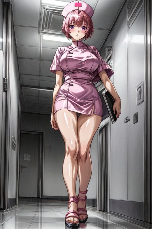 1 girl, alone, nurse, short hair, nurse cap, pink nurse outfit, short skirt, sandals, stockings, standing, purple eyes, detailed pupils, long legs, large breasts, full body, holding clipboard, walking towards viewer, view from below, panties visible, hospital corridor background