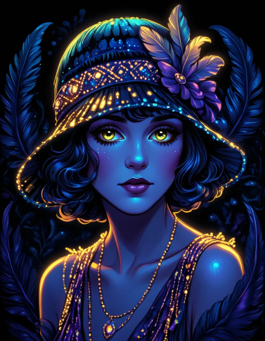 novuschroma80 style flapper woman no background blacklight art <lora:novuschroma80 style:1>