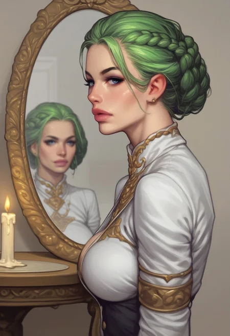 1girl, (((side view))), from front, solo, illustration, comic style, highly detailed, skinny, model body, looking at viewer, masterpiece, best quality, bloodwrackmedusa, lamia, green hair, monster girl, snake hair, makeup, <lora:Bloodwrack_Medusa:1.3>
BREAK
((((indoor, evening, candles, table, mirror, looking into mirror, reflection)))), <lora:l1ppyXLP_r1:0.5>
best quality, depth of field, bokeh, (((full clothed))), dynamic pose
BREAK
(((old manor inside:1.2)))) score_9, score_8_up, score_7_up, score_6_up, source_cartoon, rating_explicit, Expressiveh, ((((upper body))))), dynamic pose, dynamic pose