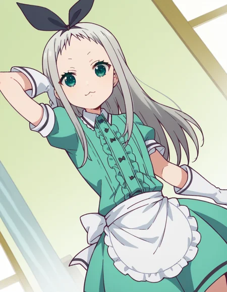 score_9, score_8_up, score_7_up, source_anime, <lora:hideri-kanzaki-s1-ponyxl-lora-nochekaiser:1>, hideri kanzaki, long hair, bow, green eyes, hair bow, grey hair, male focus, hairband, black hairband, otoko no ko, forehead,, gloves, dress, short sleeves, frills, puffy sleeves, white gloves, apron, puffy short sleeves, waist apron, white apron, frilled apron, waitress,, living room, video game, controller, competitive, fun, afternoon, , looking at viewer, foot forward, hand behind head, elbow down, solo,, cowboy shot, dutch angle