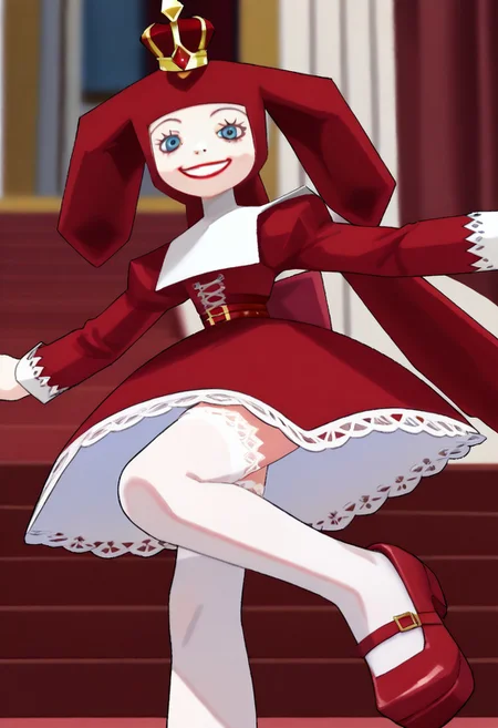 score_9, score_8_up, score_7_up BREAK PriZuDDR, 1girl, red gold crown, red headdress, blue eyes, red lipstick, white collar, long-sleeved red dress, red belt, buckle, white lace trims, white frills, white petticoat, white stockings, red platform shoes, red palace indoors, red royal palace background, elegant room, solo, solo focus, female, female focus, regal pose, regal attitude, royalty scene,