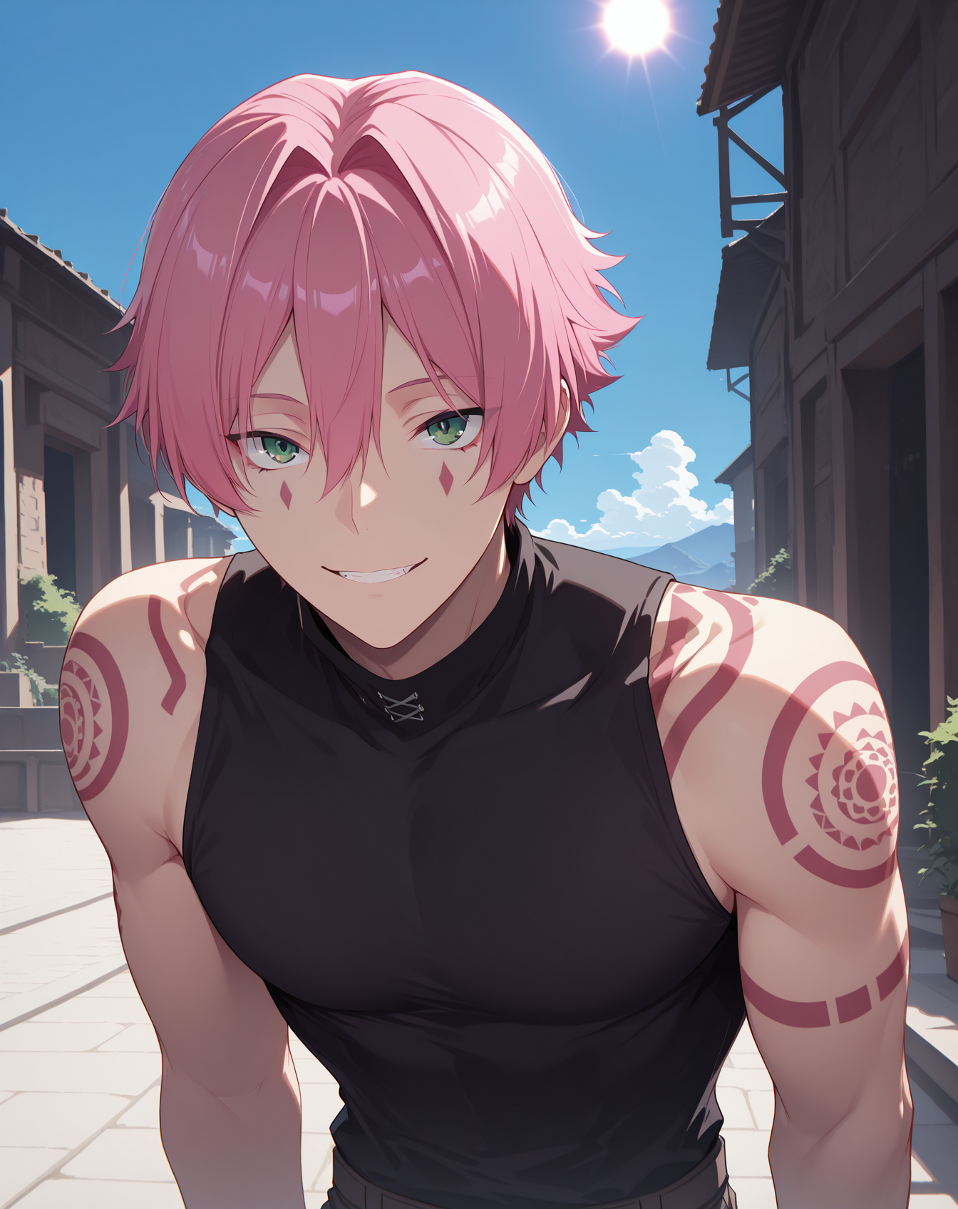 masterpiece, best quality, absurdres, very aesthetic,
1boy, solo, yaoi, male focus,
cowboy shot, upper body, looking at viewer,
<lora:Alec_ilxl:1> alec, pink hair, green eyes, short hair, hair between eyes, arm tattoo, facial mark,
black shirt, sleeveless shirt,
outdoors, day, blue sky, sun