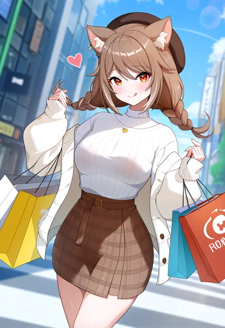 very awa, masterpiece, best quality, year 2024, newest, highres, absurdres, <lora:age_slider_v4:3> <lora:thicc_v1.4-pony:1.2>,detailed_background,outdoors,twintails,sweater,solo,small breasts,brown hair,smile,heart print,shopping bag,hat,grey shirt,skirt,virtual youtuber,konan mia,bag,cardigan,:q,feet out of frame,plaid clothes,white sweater,open cardigan,short twintails,nanashi inc.,shoulder carry,beret,animal ears,see-through shirt,shirt,highres,tongue,carrying,buranka,tongue out,open clothes,breasts,low twintails,blush,brown eyes,brown skirt,see-through clothes,cat ears,closed mouth,konan mia \(2nd costume\),cat girl,braid,heart,1girl,plaid skirt,looking at viewer,twin braids,short hair