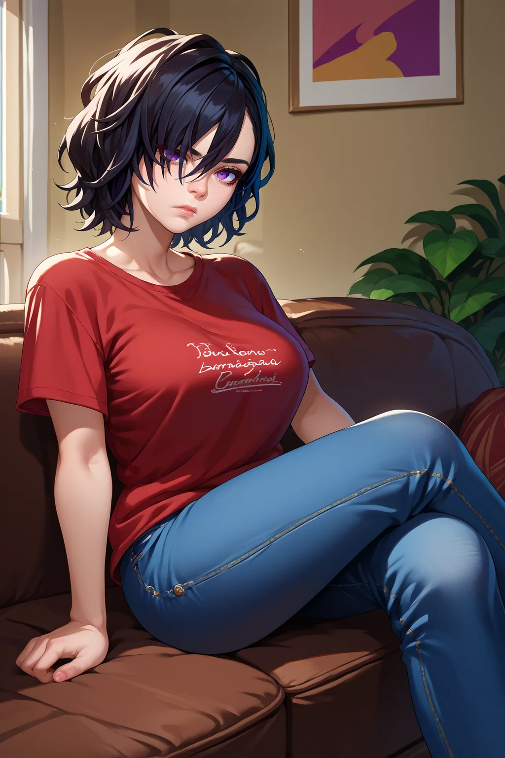 score_9, score_8_up, score_7_up, score_6_up, source_anime, 1girl, solo, <lora:berengaria-pdxl-nvwls-v1-000006:1> berengaria, black hair, short hair, purple eyes, hair over one eye, big breasts, red t-shirt, jeans, tired, sitting, couch, apartment, indoors, looking at you
