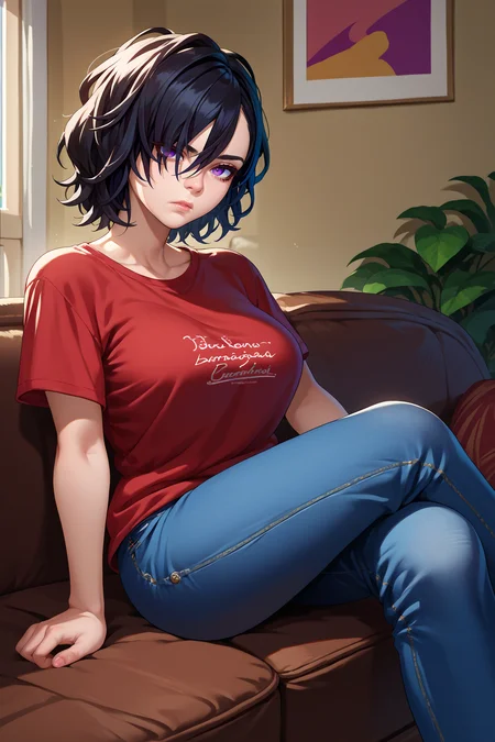 score_9, score_8_up, score_7_up, score_6_up, source_anime, 1girl, solo, <lora:berengaria-pdxl-nvwls-v1-000006:1> berengaria, black hair, short hair, purple eyes, hair over one eye, big breasts, red t-shirt, jeans, tired, sitting, couch, apartment, indoors, looking at you