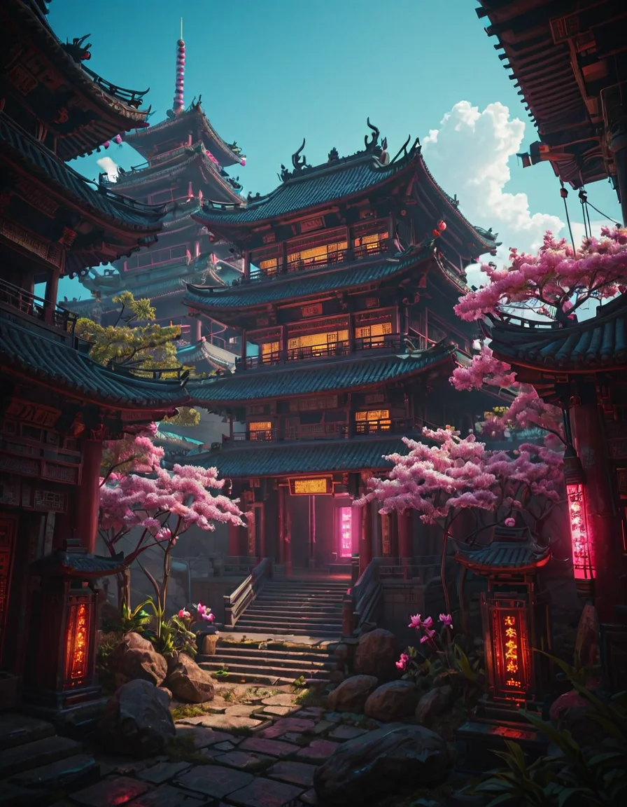 <lora:Cyberpunk_Temples_illd:0.8> ct_ill, cyberpunk asian temple, neons, cherry blossom, glowing kanji, blue sky, sunny day, glowing flowers, vegetation, on a rock, stairs,