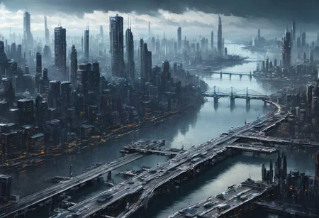 masterpiece, best quality, CITYSCAPE, river, docks, bridge, FUTURISTIC, BREATHTAKING, CYBERPUNK, (BIRD VIEW:1.5)