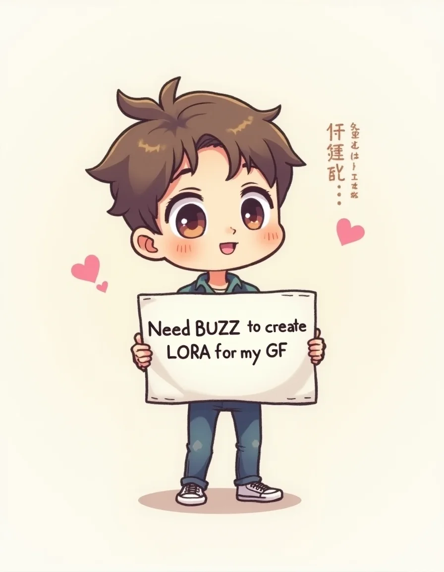 Very cute chibi sketch of a cute boy holding a sign "Need BUZZ to create LoRA for my GF"