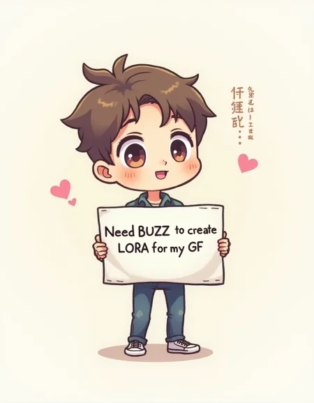 Very cute chibi sketch of a cute boy holding a sign "Need BUZZ to create LoRA for my GF"