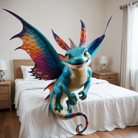 core_9, score_8_up, score_7_up, score_6_up, masterpiece, high quality, realistic, detailed, best quality, 1girl, solo, rating_safe, source_furry, bedroom, smiling, seductive, looking at viewer, negative_hand, full body, dragon, faerie dragon, scales, wings, tail, head feathers, colorful wings, feral, 1girl, female, claws, yellow sclera, flying above bed