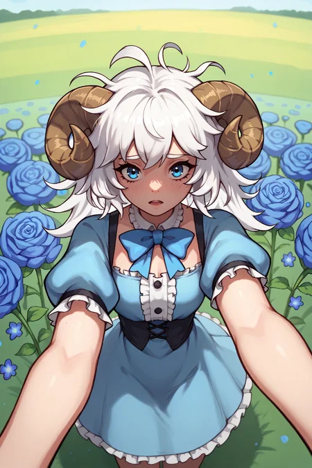 score_9, score_8_up, score_7_up, BREAK 1girl, solo, incoming headpat, white hair, long hair, messy hair, short hair, light blue dress, sheep horns, bowtie, frills, ribbons, flower field, blue flowers, outdoors, pov, reaching the viewer, outstretched arm