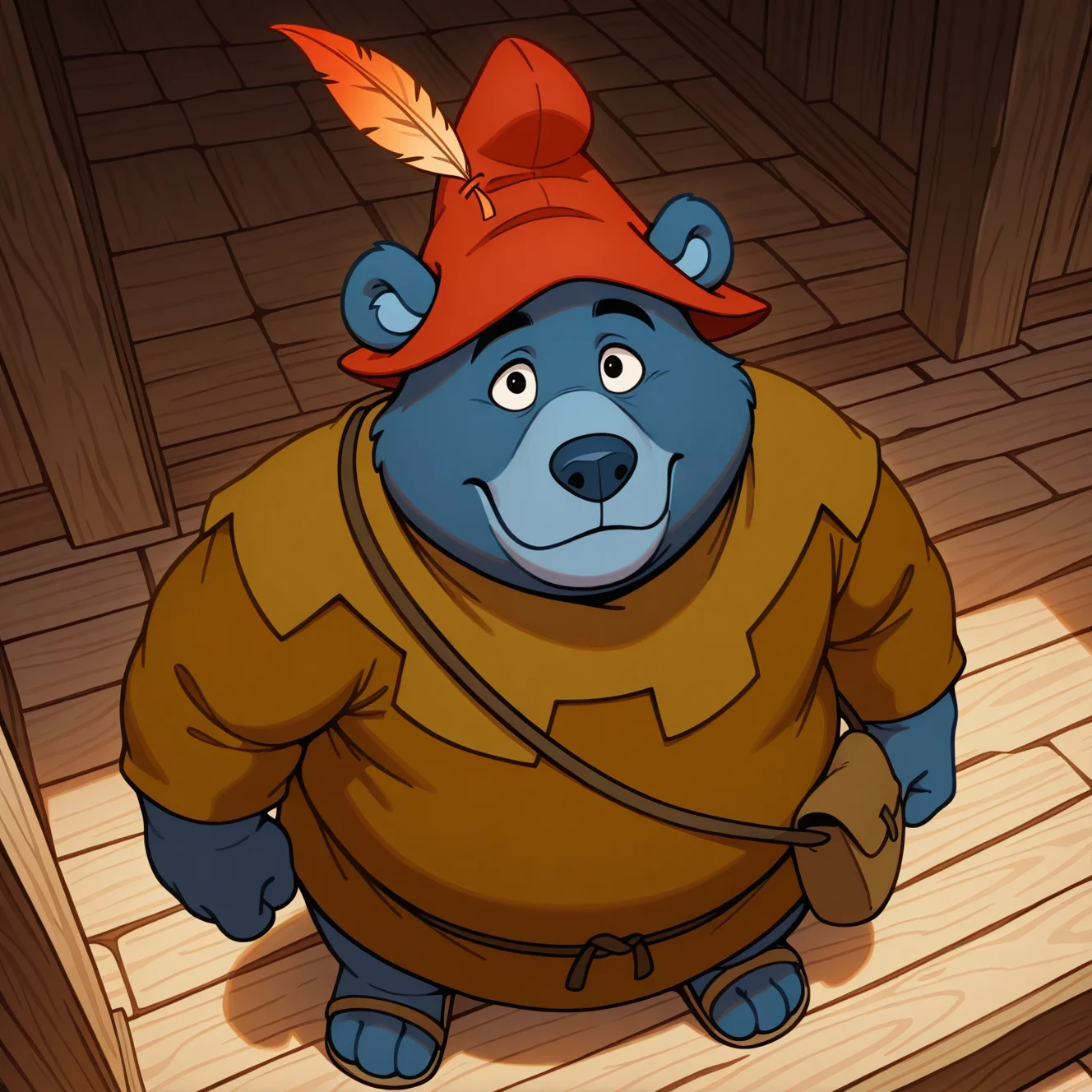 high quality, absurd res, best quality, mature, wrinkles, cartoon, tummigummixl, anthro, male focus, solo, blue bear, brown tunic, red cap with feather, shoulder bag, ultra realistic, photorealism, looking at viewer, from above, standing, light smile, chubby, 4 fingers,sandals