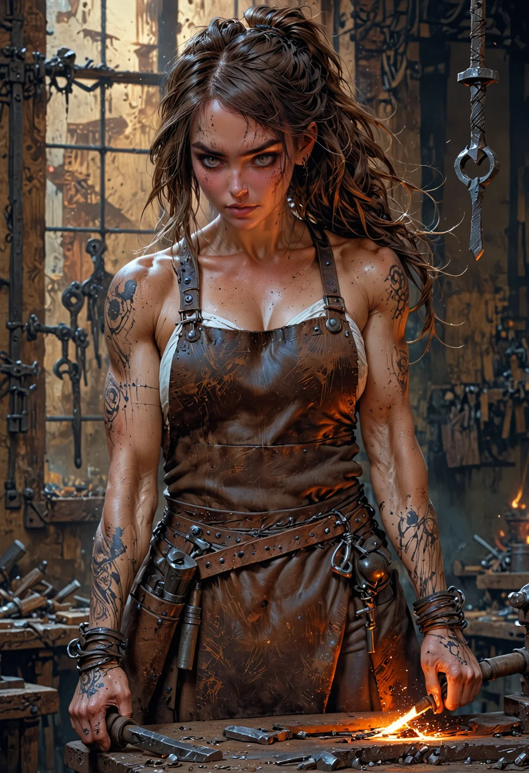 1girl, (solo:1.1), woman, blacksmith, black hearts, brown hair, long hair, tied hair, cleavage, blush, leather apron, focused, hammer and anvil, tool belt, forge background, tattoos, perfect anatomy, approaching perfection, dynamic, highly detailed, smooth, sharp focus, art by Carne Griffiths and Wadim Kashin, trending on artstation, sharp focus, intricate details, highly detailed, by greg rutkowski, mysterious, epic, cinematic, digital art, 4k,   <lora:EpicF4nta5yXL:1>