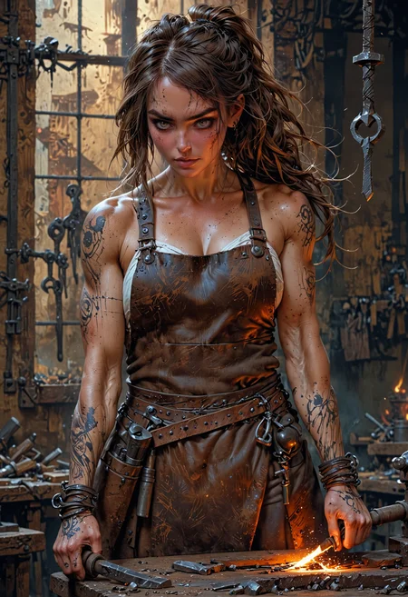 1girl, (solo:1.1), woman, blacksmith, black hearts, brown hair, long hair, tied hair, cleavage, blush, leather apron, focused, hammer and anvil, tool belt, forge background, tattoos, perfect anatomy, approaching perfection, dynamic, highly detailed, smooth, sharp focus, art by Carne Griffiths and Wadim Kashin, trending on artstation, sharp focus, intricate details, highly detailed, by greg rutkowski, mysterious, epic, cinematic, digital art, 4k, <lora:EpicF4nta5yXL:1>