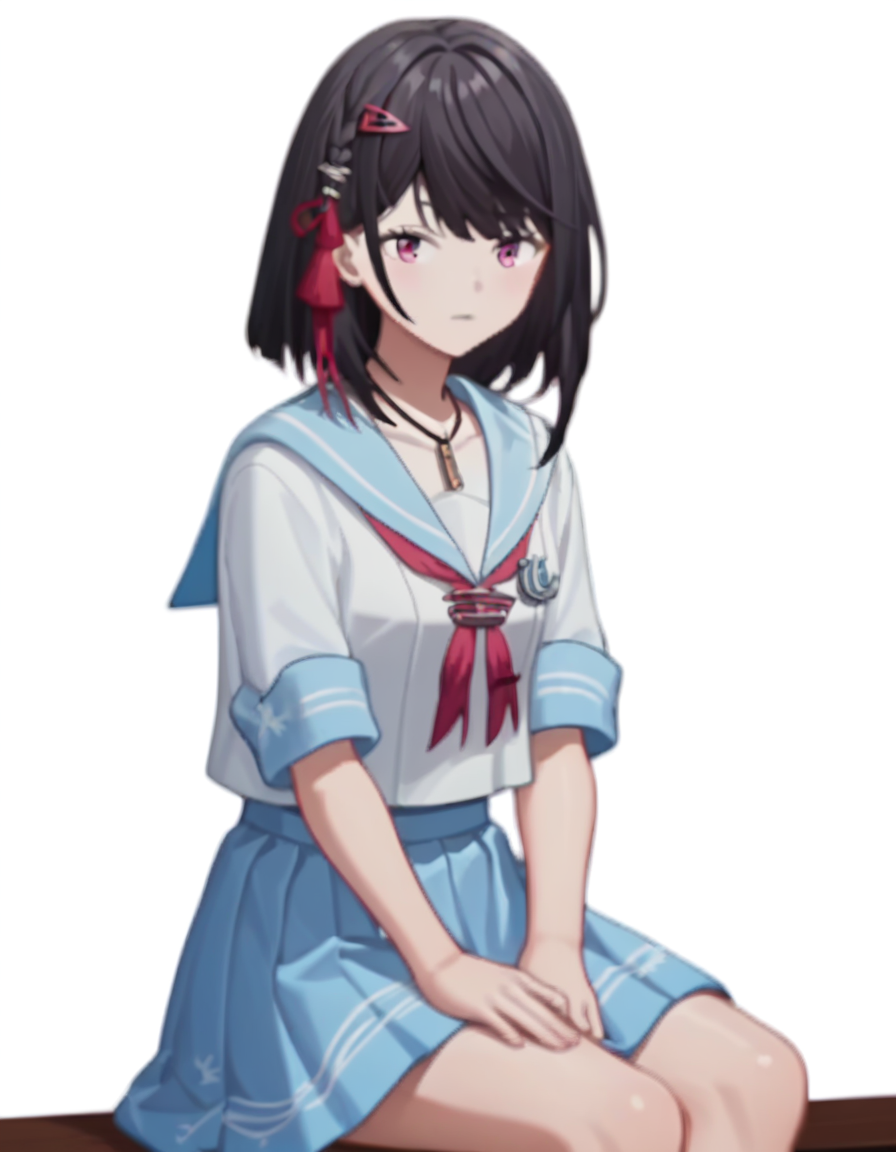 score_9,score_8_up,score_7_up,
simple background,white background,sitting,sailor,sailor skirt,sailor collar,serafuku,
<lora:yanzhen_pony:0.7>,glcyanzhen,1girl,solo,hair ornament,medium hair,necklace,bangs,jewelry,pink eyes,black hair,<lora:Anime_Screencap:1>,anime screencap,