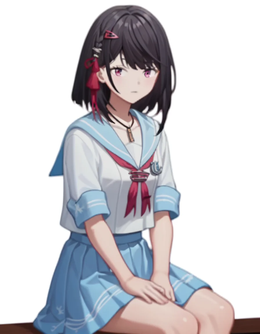 score_9,score_8_up,score_7_up,
simple background,white background,sitting,sailor,sailor skirt,sailor collar,serafuku,
<lora:yanzhen_pony:0.7>,glcyanzhen,1girl,solo,hair ornament,medium hair,necklace,bangs,jewelry,pink eyes,black hair,<lora:Anime_Screencap:1>,anime screencap,
