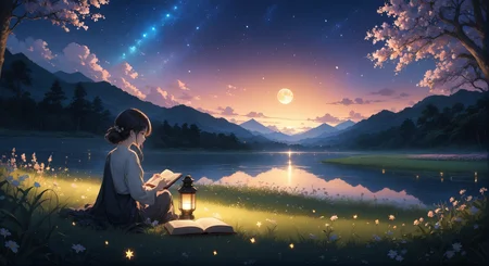 (masterpiece, top quality, best quality, official art, beautiful and aesthetic:1.2)
1girl, sitting on grass, holding a book, night, nighttime sky, lantern lighting up immediate area, stars, end of sunset, colorful sky, peaceful, flowers, fireflies, highly detailed, detailed background, wide shot,
highres, ultra high res, 4k, 8k, intricate detail, cinematic lighting, amazing quality, wallpaper <lora:aesthetic_anime_v1s:1.2> <lora:fiasco_A1:1> <lora:add_details_xl:1.2>