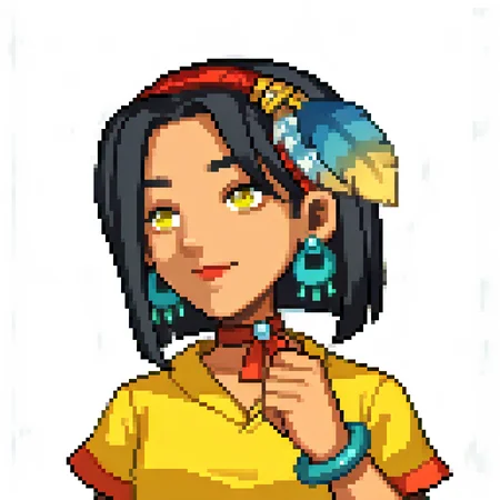score_9, score_8_up, 1girl, solo, source_anime, white background, <lora:NSSoniaPortia:0.85> NSSoniaPortia, dark-skinned female, black hair, medium hair, yellow eyes, red hairband, feather hair ornament, teal dangle earrings, red choker, yellow dress, wide collar, short sleeves, bracelet, <lora:zs_FEGBAPortraitsXL:1> fegbaportraits, portrait, white background, slight smile, content
